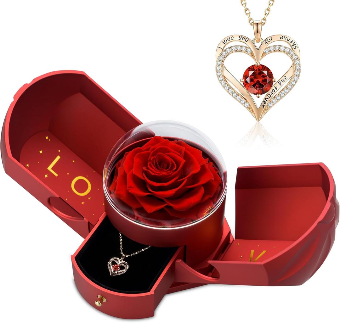 Preserved Red Rose with Heart Necklace, Eternal Real Rose, Romantic Rose Gifts for Women, Mom, Wife, Girlfriend, Mothers Day, Valentines Day, Anniversary, Birthday(Red)