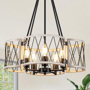 20.8'' Farmhouse Chandeliers for Dining Room, 5-Light Rustic Drum Chandelier, Vintage White Oak Metal Hanging Light Fixture, Industrial Pendant Lights for Living Room, Bedroom, Entryway, Foyer