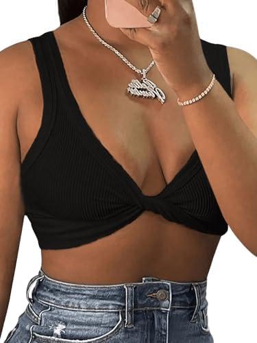 MakeMeChic Women's Crop Tank Top Ribbed Twist Front Sexy Cute Going Out Tops , Large, Black