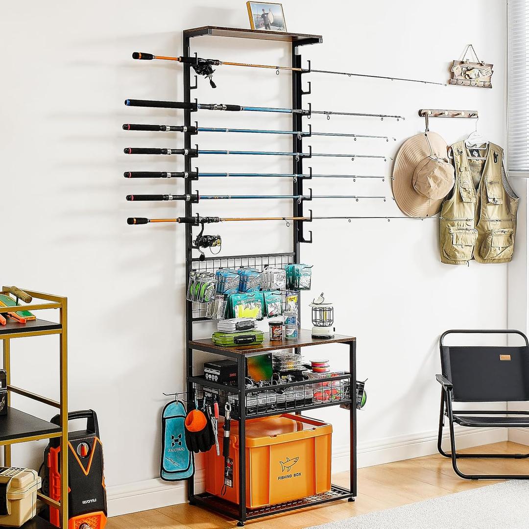 Fishing Rod Holder for Garage, Fishing Pole holders Hold up to 9 Rods, 3 Tier Fishing Gear Storage Organizers Fishing Rod Racks Wall Mounted, Fishing Rod Display Stand, Fishing Gifts for Men