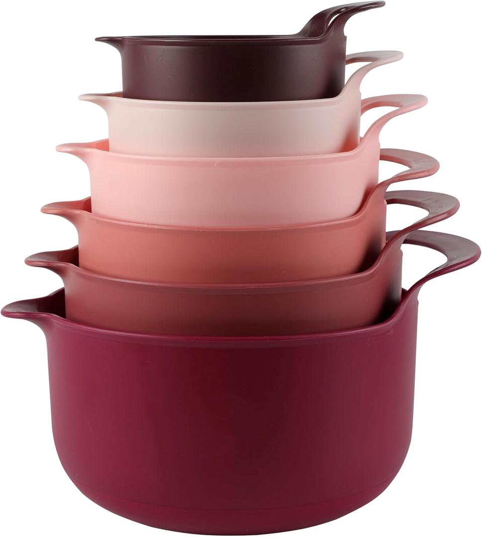 COOK WITH COLOR Nesting Plastic Mixing Bowl Set with Pour Spouts and Handles, Rose, 6 Piece Non-Slip