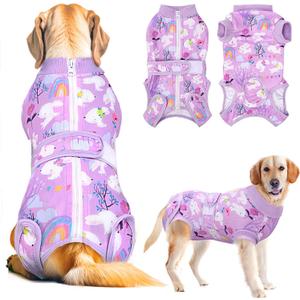 Lukovee Recovery Suit for Dogs, Zipper On Dog Surgery Suit for Female Male Dog, Onesies Bodysuit Prevent Licking Spay Abdominal Wounds Bandages E-Collar Alternative (Purple, M)