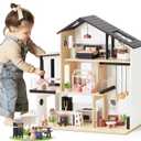 Tiny Land Doll House, Modern Family Dollhouse with Realistic Design, Wooden Dollhouse with 53Pcs Furniture - Ideal Gift for Kids Ages 3+