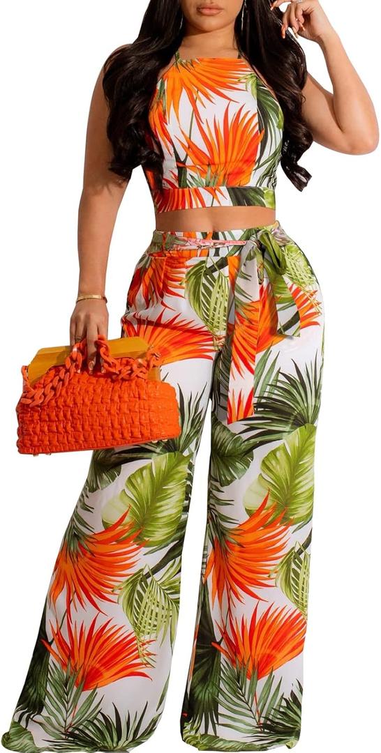 Elegant 2 Piece Sets for Women Sexy Printing Crop Top Long Straight Pants Vacation Outfits Beach (Medium, Orange/Green)
