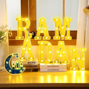 8 Pcs Ramadan Decorations Ramadan LED Letter Lights Sign Battery Powered Light up with Mirror Surface Table Decor Hanging Decorations for Party Club Restaurant Indoor Outdoor Wall Decor