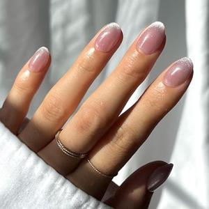 Glamnetic Press On Nails - Fairy Dust | Short Oval Beige-Pink Nails with a Mesmerizing Metallic Finish, Salon Quality | 15 Sizes - 30 Nail Kit with Glue