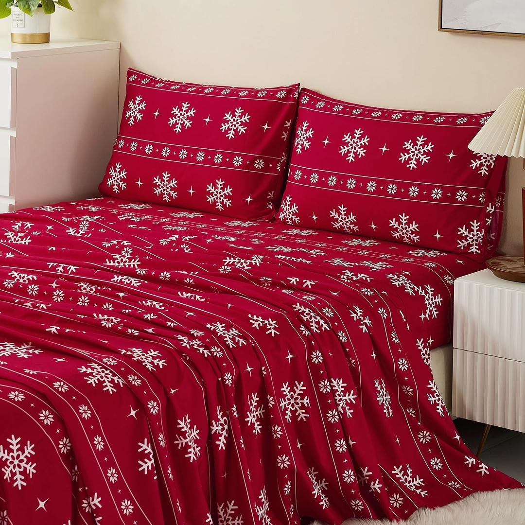 Vaulia Soft Microfiber Sheets, Print Snowflake Pattern Christmas Holidays, 4-Piece Set (1 Fitted Sheet 1 Flat Sheet 2 Pillowcases) Red/White Snowflake, Queen