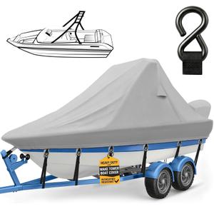 Wake Tower Boat Cover,1200D Heavy Duty Waterproof Boat Cover with Adjustable Metal Hooks,Wakeboard Tower Boat Cover,Fits V-Hull Bow Runabout Ski Boats, 23-25ft, Gray