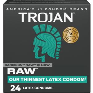 Trojan Raw Latex Lubricated Thin Condoms for Men, Americas Thinnest Latex Condoms, Made from Premium Latex to Help Reduce Risk of Pregnancy and Sexually Transmitted Infections (STIs), 24 count