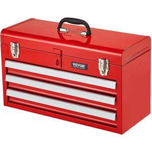 VEVOR Metal Tool Box, 20.5-inch, Portable Metal Tool Box with 3 Drawers, Small Tool Chest with EVA Liners, Ball Bearing Slide Drawers Locking & Powder Coated Finish, Multi-Function Tool Organizer, Red