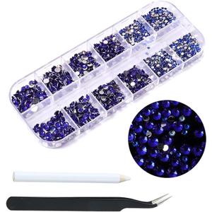 1500pcs Blue Flatback Rhinestones 3 Sizes Glass Yellow Crystal Diamonds for Nail Art Eye Jewels Crafts Clothes Shoes Make up Round with Tweezers and Picking Pen for Women Girls Manicure