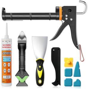 Professional Caulk Gun Kit with Caulk Remover & Silicone Sealant - 5 in 1 Caulking Tool Set for Caulking Removal, Includes Caulking Gun Tool, Silicone Scraper
