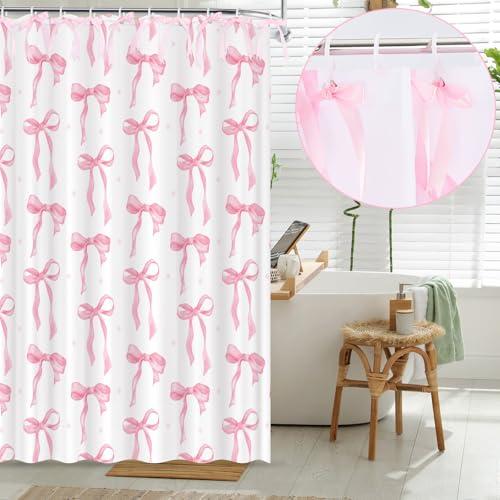 HunnmingRe Pink Bow Coquette Shower Curtain Waterproof Polyester Fabric Princess Shower Curtain Aesthetic Dreamy with 12 Hooks, 71 x 71 Inch(Simple)