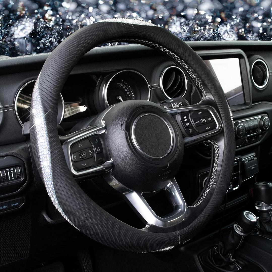 KAFEEK White Crystal Steering Wheel Cover, Sparkly Clear Diamond Breathable Leather Car Protector, Universal 15 Inch Fit for Women Girls, Anti-Slip Comfortable, Silver White