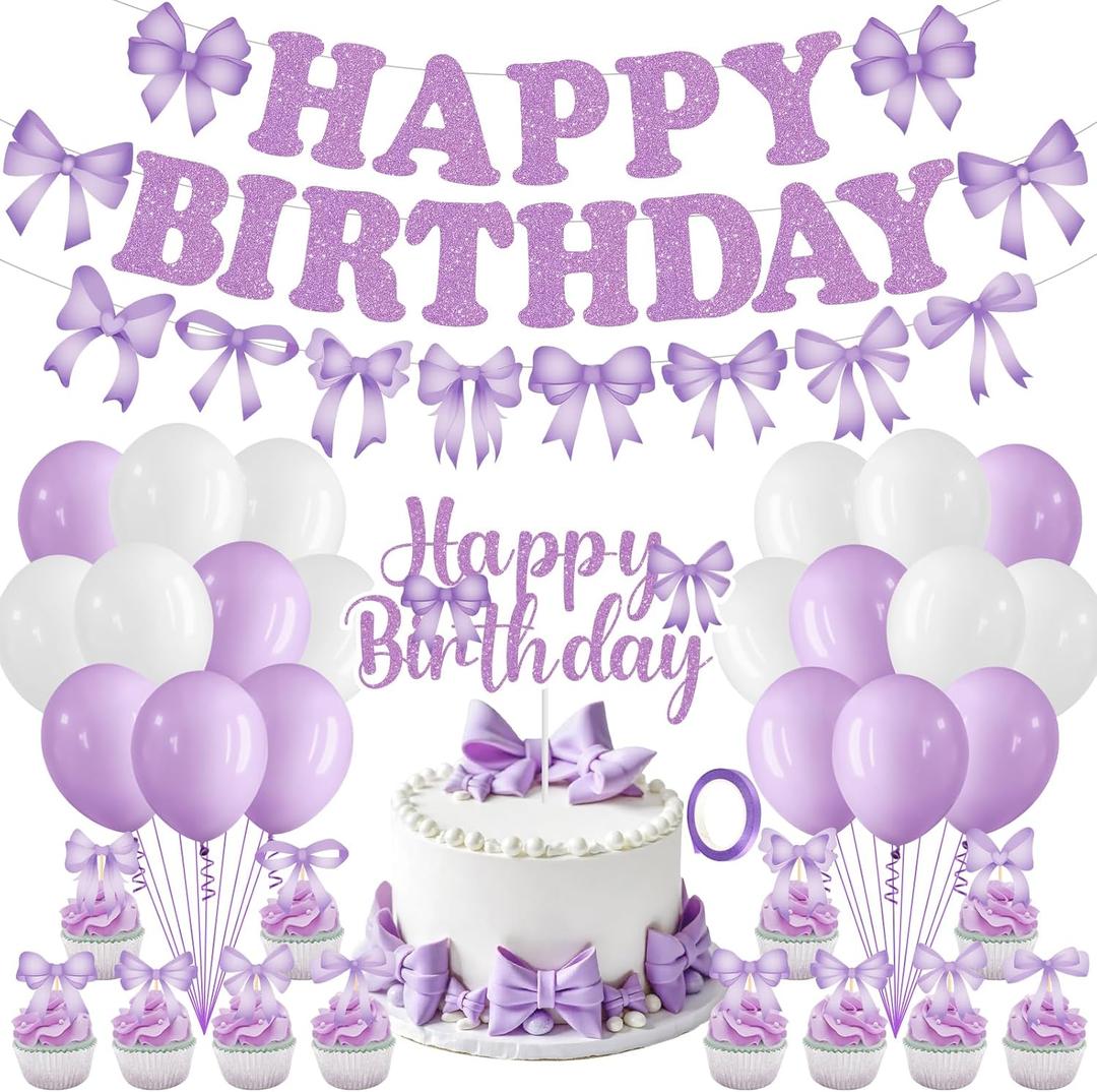 Purple Bow Birthday Party Decorations Bow Happy Birthday Banner Purple White Balloons Bow Cake and Cupcake Toppers for Girls Women Coquette Birthday Baby Shower Party Supplies