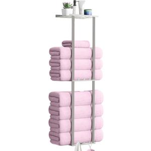 Towel Storage for Bathroom with 6 Hooks,Towel Racks for Bathroom Wall Mounted, Brushed Nickel Towel Holder Organizer 3 Tier Shelf