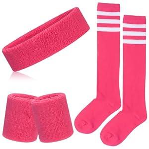 ONUPGO 5 Pieces Sweatbands Striped Socks Set,Sports Headband Wristbands High Tube Socks for Tennis,Football,Gym,Working Out, 80s Accessories Costumes for Men Women (Neon Pink)  One Size