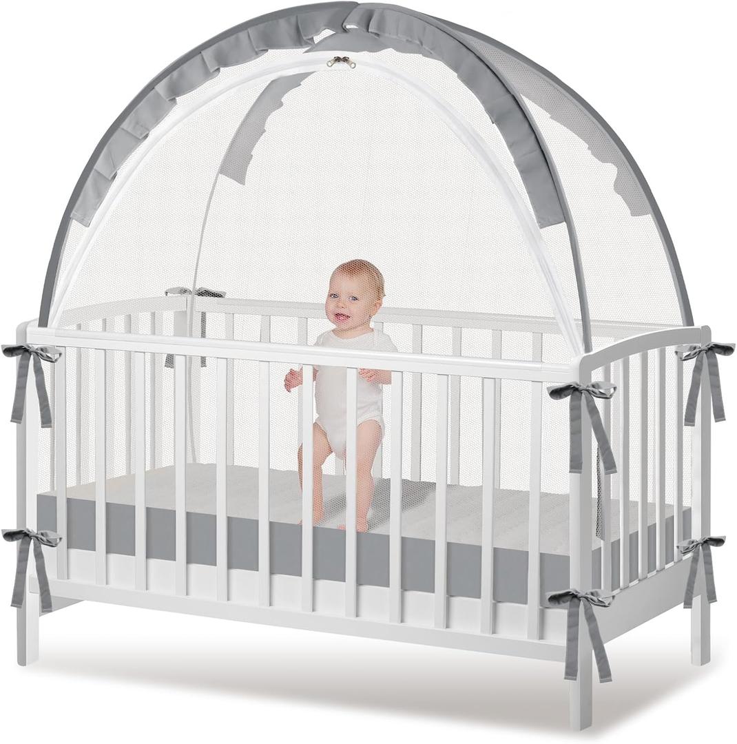 Crib Tent - Crib Net to Keep Baby in, Stop Baby from Climbing Out of Crib, Pop Up Baby Crib Tent with Durable Breathable Net Double Zipper Strong Rods Installation Convenience (Large, Gray)