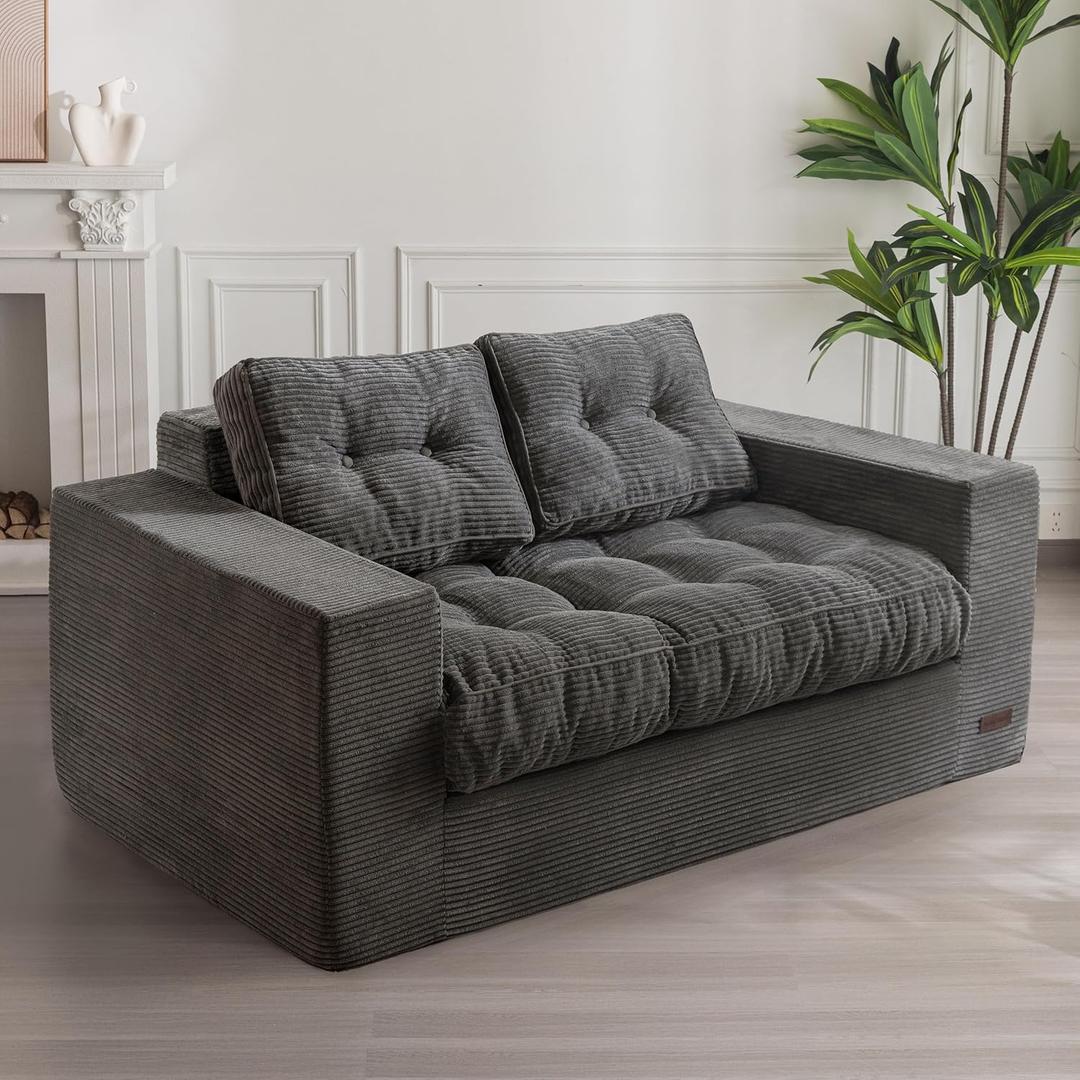 MAXYOYO Living Room Chair for Adults, Upholstered Floor Sofa with Armrests, Boneless Chair with Tufted Cushion & Backrest, Sofa in A Box, Bean Bag Couch for Bedroom Living Room, Dorm, Dark Grey