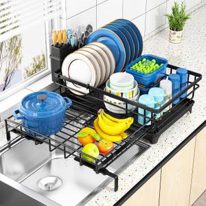 Storico Large Dish Drying Rack - Extendable Dish Rack, Dish Drainer for Kitchen Counter, Dish Drainer with Adjustable Support Legs & Utensil Holder, Black (15.2"L x 11.2"~19.7"W)