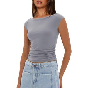 Darong Women's Summer Boat Neck Tops Cap Sleeve Slim Fitted Modal Basic Tee Trendy Casual Shirts (Grey Small)