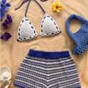 WDIRARA Women's Boho 2 Piece Outfits Hollow Out Micro Crop Halter Tops Striped Shorts Knit Set (Purple, M)