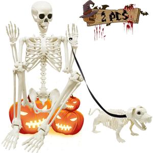 5.4Ft Posable Halloween Skeleton, Full Body Life Size Skeleton with Dog Skeleton for Halloween Spooky Party Props Decor