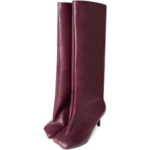 UBWDU Women's Suede Knee High Boots Square Toe Stiletto Heels Wide Calf Tall Boots (11, Burgundy Pu)