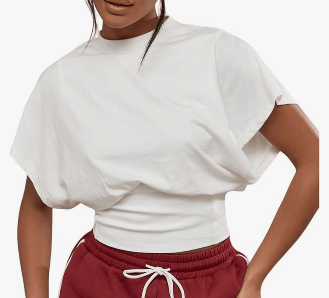 GORGLITTER Women's Dolman Short Sleeve Crop Tops Ruched Crew Neck Casual Going Out Tops White Size Large