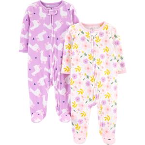 Simple Joys by Carter's Baby Girls' Cotton and Fleece Footed Sleep and Play, Pack of 2 (Newborn, Purple Llama/White Floral)