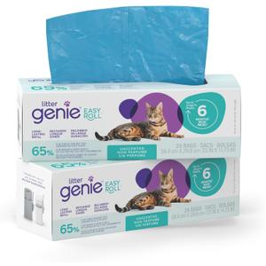 Litter Genie Easy Roll Refill Bags (2-Pack) | 65% Recycled Plastic | Up to 12 months of supply in 2 Rolls of 24 tear-off Bags | Zero Plastic Packaging Cat Litter Bags