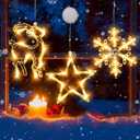 3Pcs Christmas Window Lights, Christmas Window Decorations Battery Powered Hanging Xmas Lights Snowflake & Star & Elk Shaped with Suction Cup for Xmas,New Year,Balcony,Party,Indoor Outdoor Decor