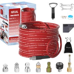 NIFUAL Sewer Jetter Kit for Pressure Washer,100FT 5800PSI Pressure Drain Cleaner 1/4 Inch NPT Corner Rotating and Button Hose Sewer Jetting Nozzle for Homeowners & DIYers