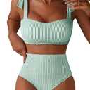 Herseas Women's Striped 2 Piece Bikini Sets Shoulder Strap Knot High Waisted Swimsuits Quick Dry Soft Bathing Suit High Elasticity Long Torso Swim Outfits X-Large Green Stripes