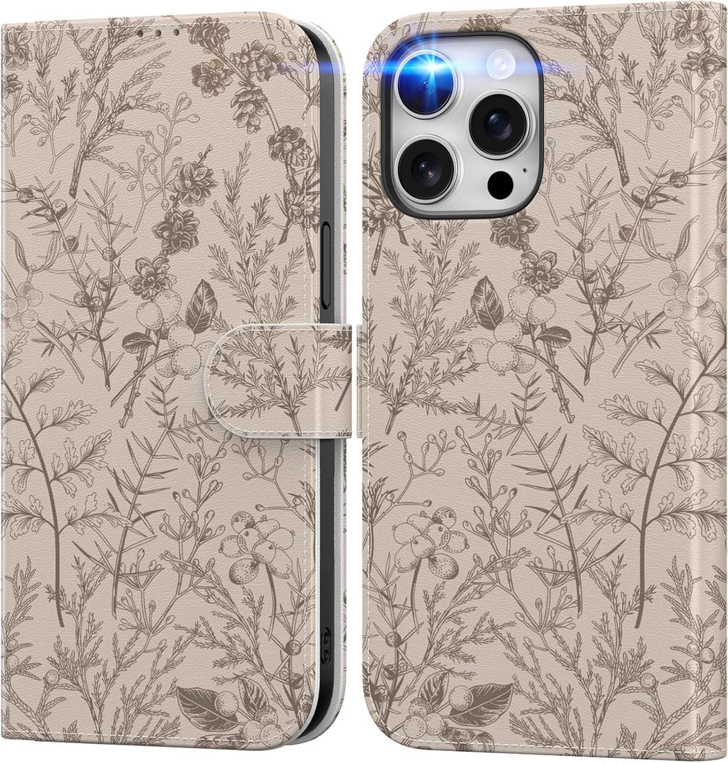DEENAKIN for iPhone 13 Pro Wallet Case with Card Holder + Cash Clip, RFID-Blocking, Military-Grade Drop Protection, Magnetic Closure with Leather Kickstand - Serene Foliage