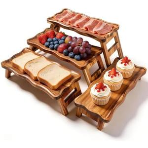 BOY MCOWBOY Acacia Wood 4 Tiered Serving Tray for Party, 16.7" x 7.7" Cupcake Stand Foldable Dessert Table Display Set Charcuterie Boards for Birthday Wedding Veggie Fruit