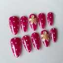 Luxury Magenta Handmade Press on Nails, Medium Almond Glossy Polka Dot Fake Nails with 3D Floral, Salon-Quality Reusable False Nails for Women (M Size, 10Pcs)