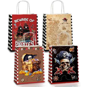 JOYGATHER 24 Pcs Pirate Party Favors Bags with Handles, Pirate Goodie Gift Candy Kraft Paper Bags with 4 Different Types for Birthday Party Supplies Baby Shower Decorations