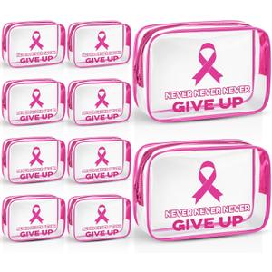 Set of 10 Small Makeup Bag Breast Cancer Awareness Pink Ribbons Cosmetic Bags PVC Waterproof Travel Organizer Toiletry Makeup Pouches Breast Cancer Gifts for Women Nurses(Character Style)