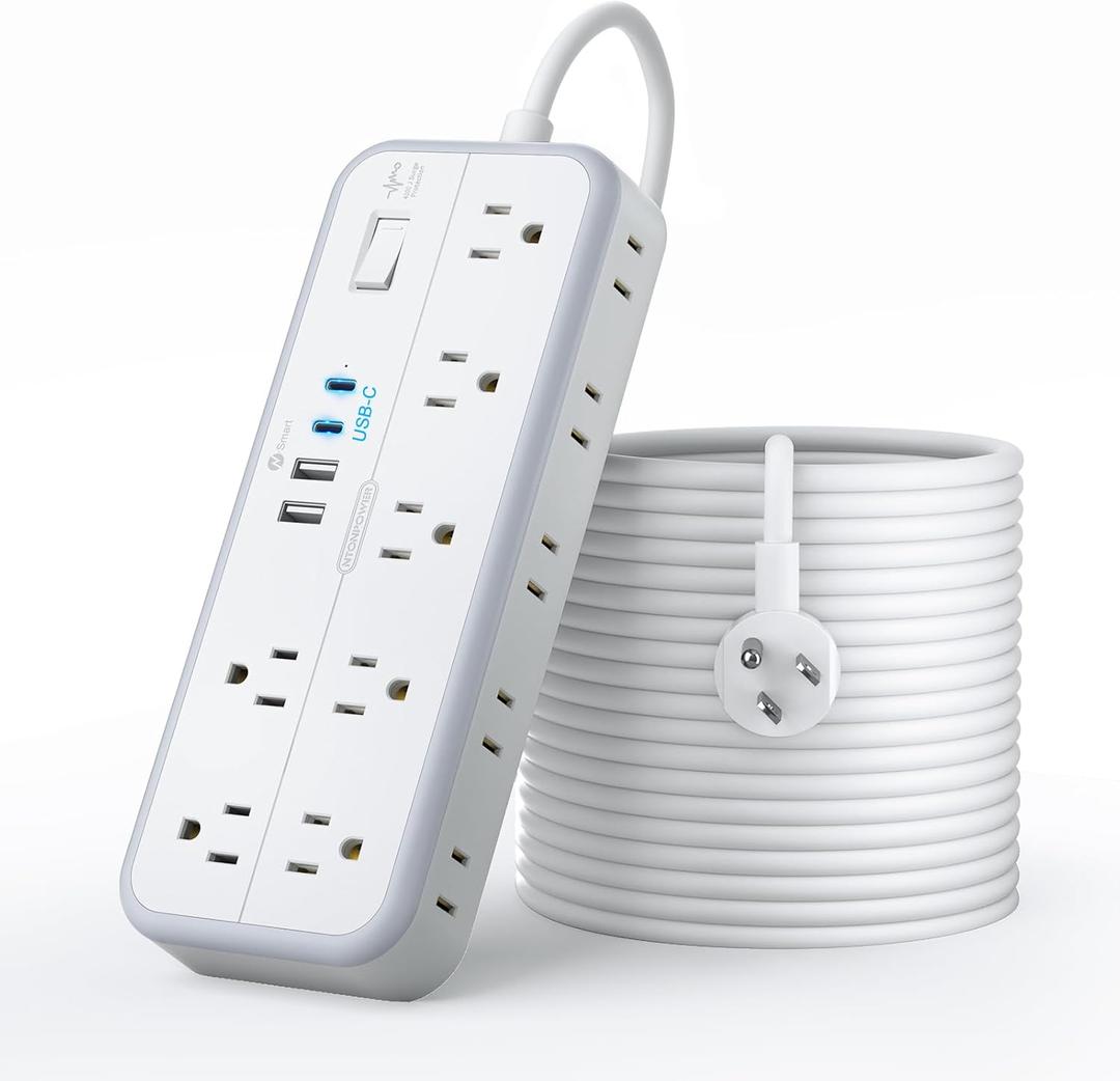 25 FT Long Extension Cord with Multiple Outlets, NTONPOWER 14 Outlets and 4 USB Ports (2 USB C), 1875W 15A, 14 Gauge 3 Prong, 2700J Surge Protector Power Strip, Mountable for Home Office, White (25FT)