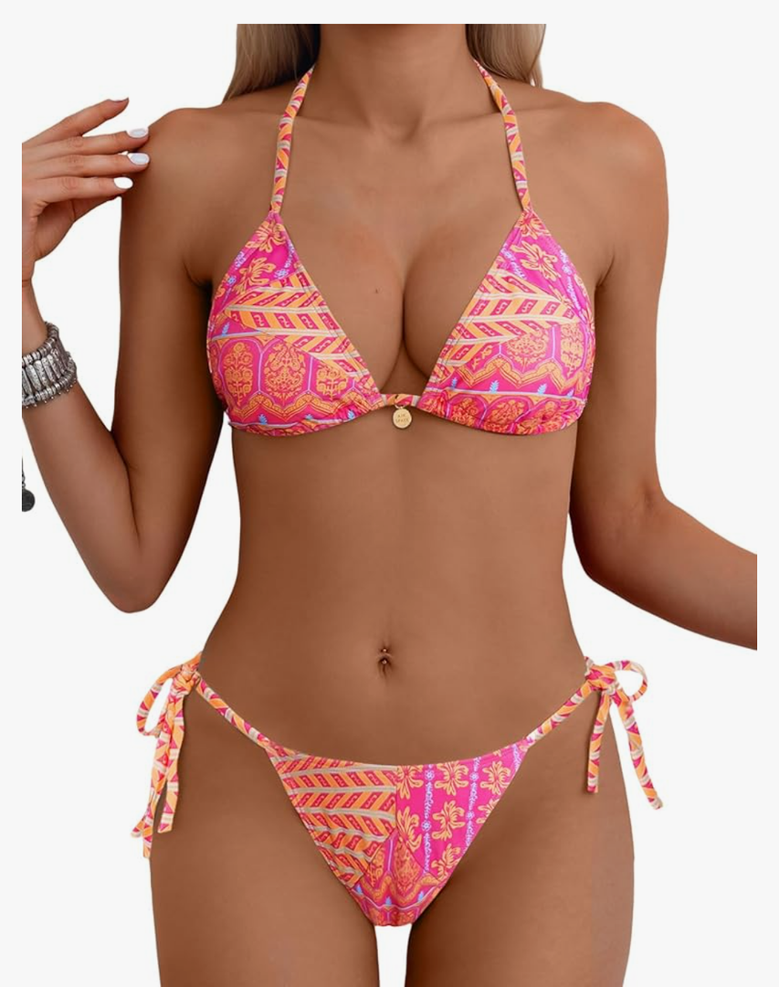 Tainehs Women's Sexy Halter Bikini Set Triangle Top String Swimwear Two Piece Swimsuits Cheeky Bathing Suit L