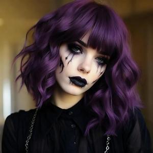 Purple Wavy Wigs With Bangs Short Bob Wavy Wigs for Women Curly Synthetic Cosplay Wig for Girls Daily Use Colorful Wig (14 Inch)(Purple)