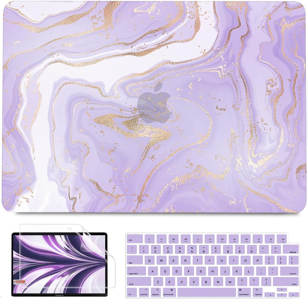 B BELK Compatible with MacBook Air 13 inch Case 2025 2024 2023 2022 M4 M3 M2 A3240 A3113 A2681, Plastic Hard Shell+ Keyboard Cover+ Screen Protector for MacBook Air 13.6 inch Case, Purple Gold Marble