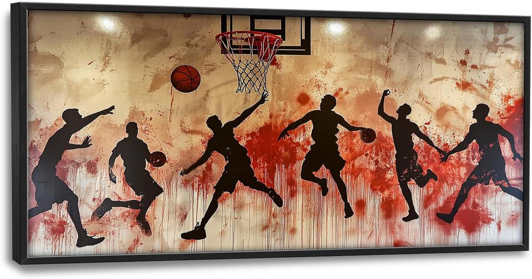 Flintis Large Basketball Sports Framed Wall Art Basketball Players Pictures Wall Decor Abstract Graffiti Canvas Painting Print Artworks Framed for Living Room Bathroom Master Bedroom 60L X 30W