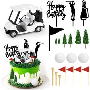 21 Pieces Golf Cake Decorations With Mini Cart, Ball, Green Tree, Clubs, Red Flag Cupcake Toppers for Sports Theme Birthday Party Decor Supplies