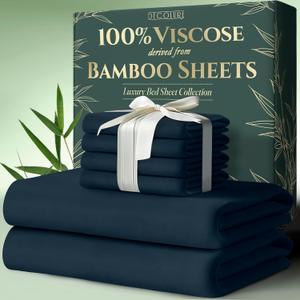 DECOLURE 100% Viscose Derived from Bamboo Sheets King Size 6pcs - Ultra Soft & Luxuriously Cooling, 17" Deep Pocket, Double Stitching, Perfect for Hot Sleepers - King Bed Sheets (Navy Blue)