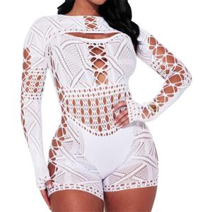 Fishnets Bodysuits for Women Sexy Jumpsuits Mesh Long Sleeve Bodystockings Lace Lingerie for Women Sexy Costumes (One Size, White)