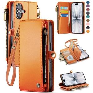 Defencase Compatible with iPhone 17 Case Wallet with RFID Blocking Card Holder for Women and Men, Fashion PU Leather Magnetic Snap Flip Zipper Strap Wallet Phone Case for iPhone 17 6.3", Orange