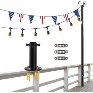 String Light Poles, 12.6 FT Light Poles for Outside Patio, Outdoor Deck Lighting Poles with Brackets for Fence and Base for Wood Concrete Mount, Heavy Duty Metal Stand Hanging Garden Party Decoration