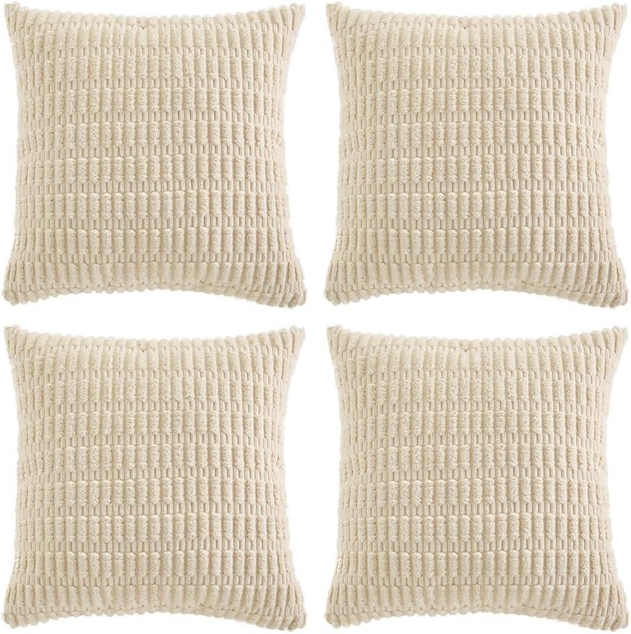 Fancy Homi 4 Packs Boho Cream Decorative Throw Pillow Covers 18x18 Inch for Living Room Couch Bed Sofa, Rustic Modern Farmhouse Home Decor, Soft Plush Corduroy Cute Square Beige Cushion Case 45x45 cm (18" x 18" (Pack of 4))